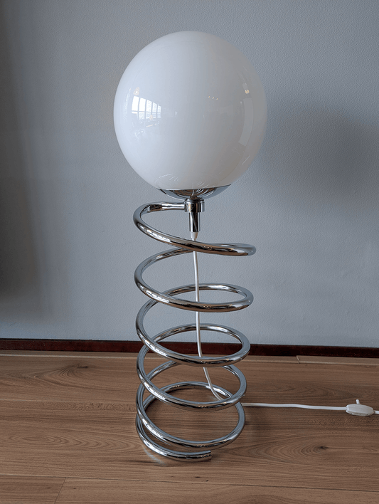 Space Age Floor Lamp – Chrome Spiral Base with Opal Glass Globe – 70 cm
