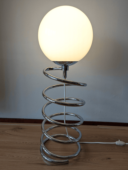 Space Age Floor Lamp – Chrome Spiral Base with Opal Glass Globe – 70 cm